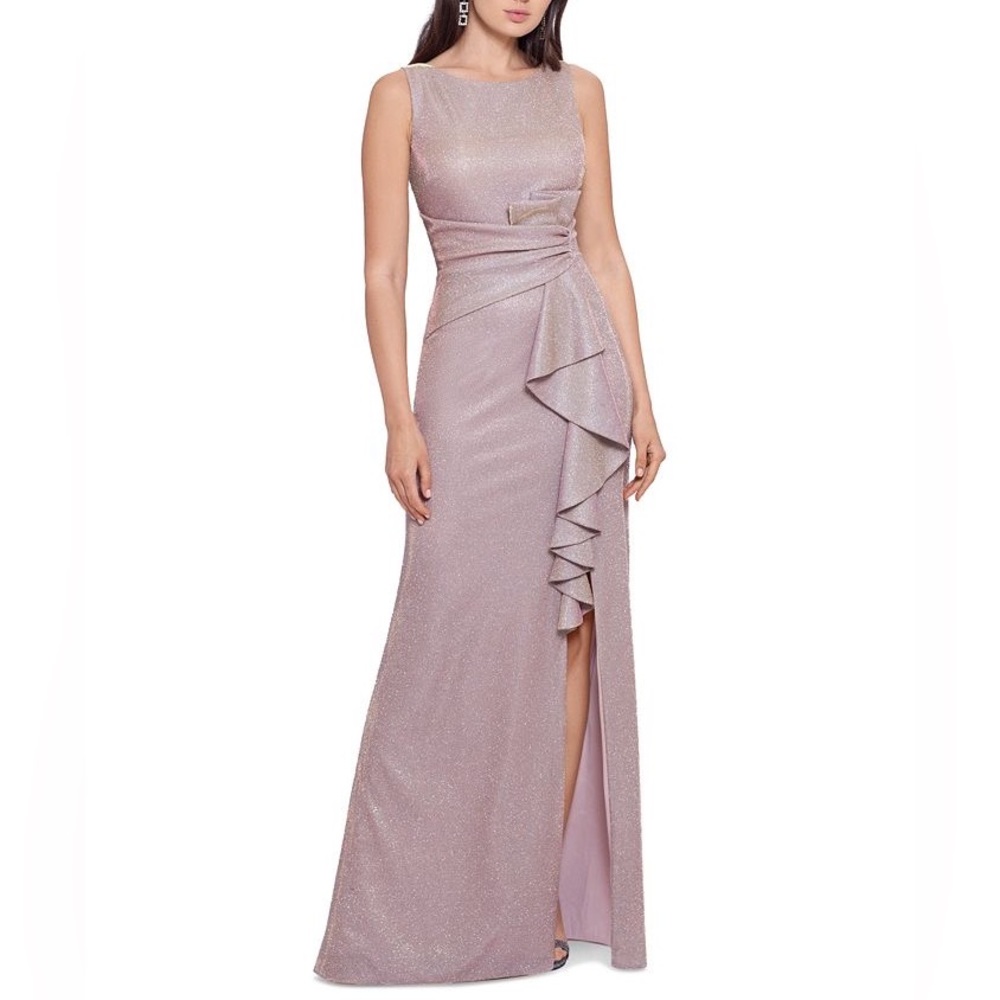 Betsy & Adam Ruffled-front Glitter Gown with Thigh-high Slit - Size 10